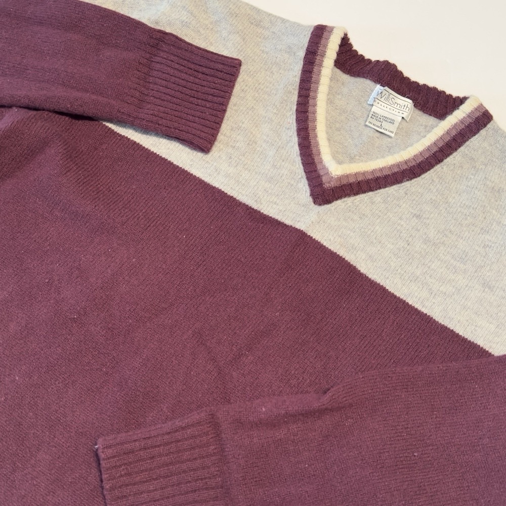 Willi Smith Sweater Women Large 100% Lambswool V Neck Gray/Burgandy Pullover‎